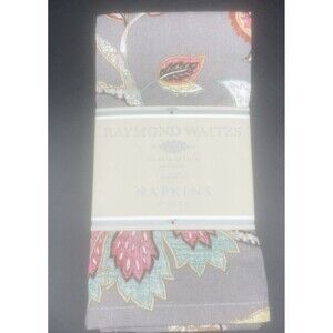 Raymond Waites Square Floral‎ Cloth Napkins Gray Coral Gold Aqua White 19” NEW